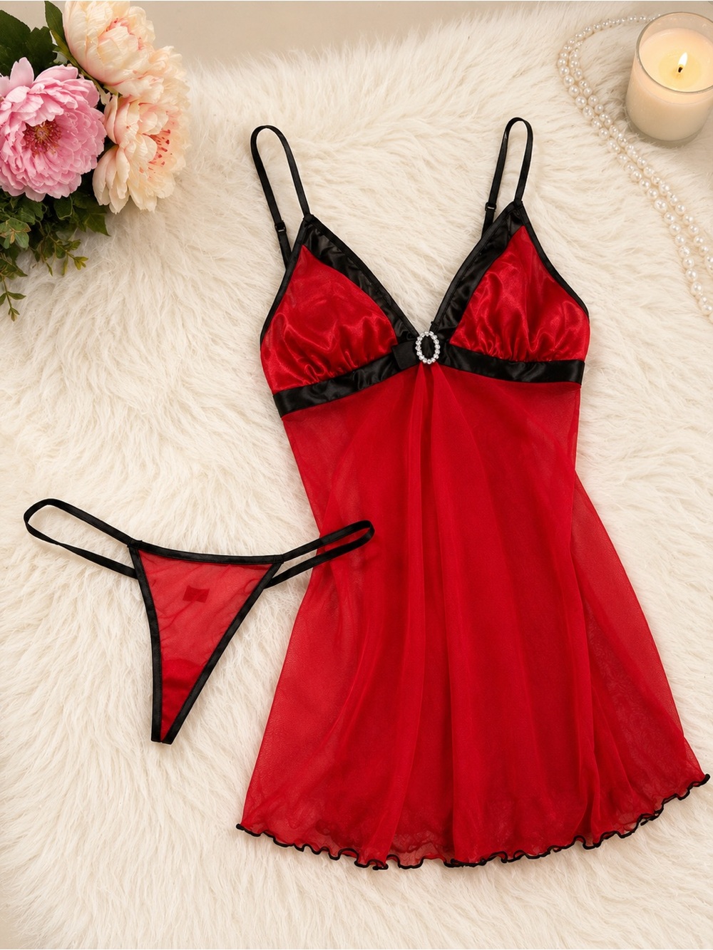 Escanté Red Sheer Babydoll Lingerie Set S/M NWOT Matching Thong